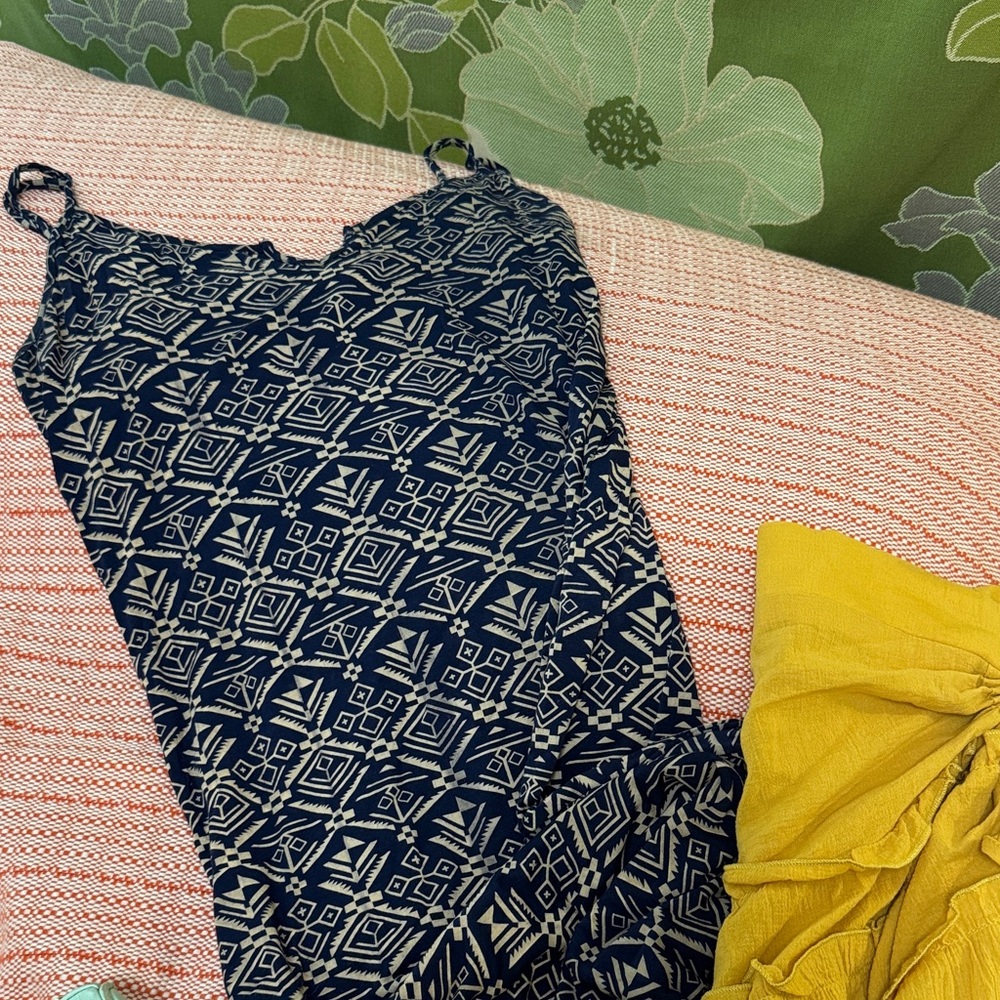 Navy and Tan Long Geometric Print Dress